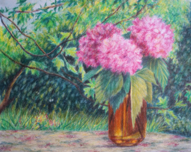 Рисунок под названием "Bouquet d'hortensias" - Clarisse Lamotte, Подлинное произведение искусства, Карандаш