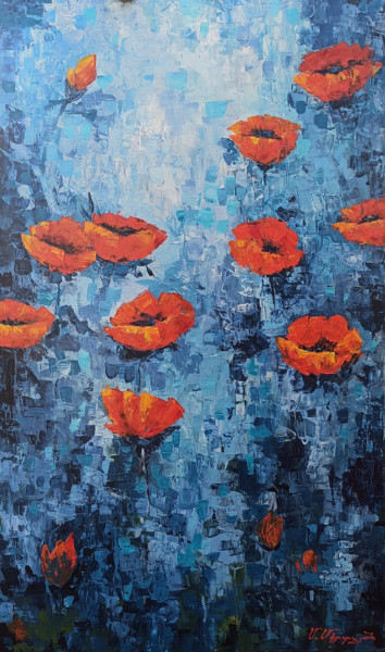 Red poppies (100x60cm, oil painting, palette knife) 제목이 "Red poppies (100x60…"인 미술작품 Narek로, 원작, 기름 나무 들것 프레임에 장착됨