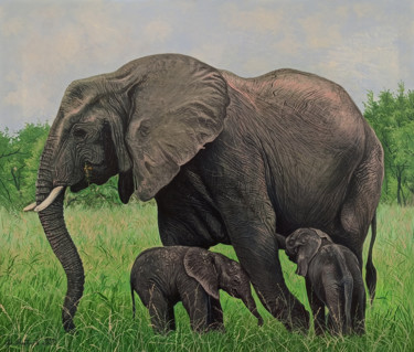 Elephant's family (70x60cm, oil painting, ready to hang) Painting titled "Elephant's family (…" by Sergey Miqayelya, Original Artwork, Oil Mounted on Wood Stretcher frame