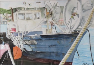 Peinture intitulée "Bateau de pêche à P…" par Françoise Perrotton, Œuvre d'art originale, Aquarelle Monté sur artwork_cat.