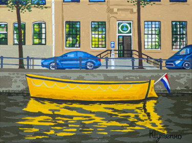 Painting titled "Yellow boat, Amster…" by Ivan Klymenko, Original Artwork, Oil