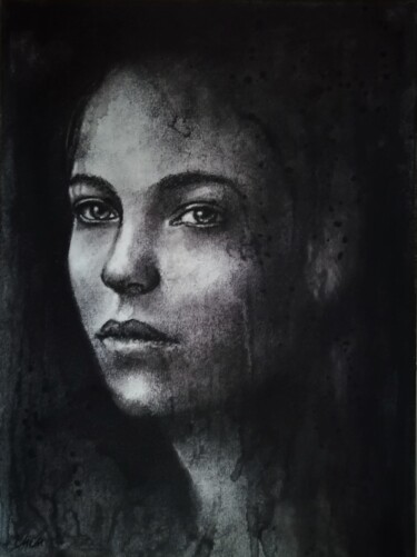 Portrait of a woman - original black and white charcoal draw 绘画 标题为“Portrait of a woman…” 由Mateja Marinko, 原创艺术品, 木炭