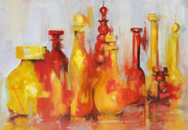 Bouteilles soleil Painting titled "Bouteilles soleil" by Yveline Javer, Original Artwork, Oil