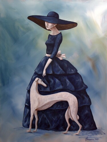 ДАМА С БЕЛОЙ СОБАКОЙ Peinture intitulée "ДАМА С БЕЛОЙ СОБАКОЙ" par Vladimir Pronkin, Œuvre d'art originale, Huile
