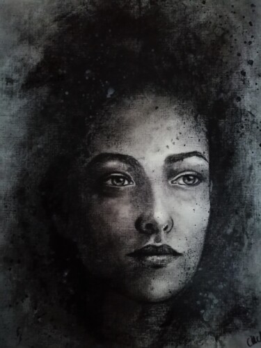 Original black and white charcoal drawing - female portrait 绘画 标题为“Original black and…” 由Mateja Marinko, 原创艺术品, 木炭