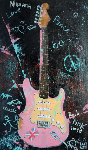绘画 标题为“Pink electric guitar” 由Alexandra Sergeeva, 原创艺术品, 油