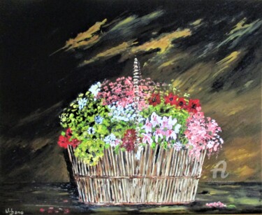 Ζωγραφική με τίτλο "Panier de fleurs" από Roberto Urbano, Αυθεντικά έργα τέχνης, Λάδι Τοποθετήθηκε στο Ξύλινο φορείο σκελετό
