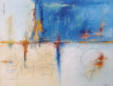 Painting titled "Abstrait blanc bleu" by Ghita Benkirane, Original Artwork, Oil Mounted on Wood Stretcher frame