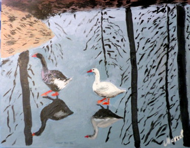 Oies sur étang gelé Painting titled "Oies sur étang gelé" by Marcel De Nazelle, Original Artwork, Acrylic