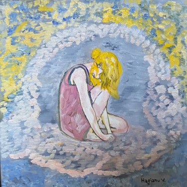 Blonde girl meditating.Oil on canvas.Viorica Hagianu Painting titled "Blonde girl meditat…" by Viorica Hagianu, Original Artwork, Oil Mounted on Wood Panel