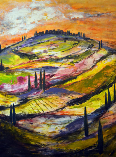 绘画 标题为“Sunset hilltop vill…” 由Susan Monk, 原创艺术品, 丙烯