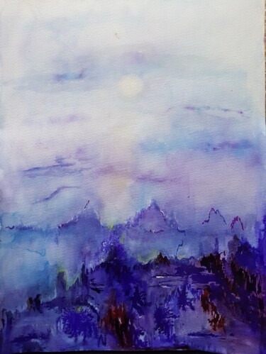 绘画 标题为“Pleine Lune bleue” 由Ghislaine Rimmen-Mohl, 原创艺术品, 水彩