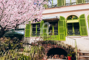 Blooming sakura on the background of a house with shutters. Arte digital titulada "Blooming sakura on…" por Ievgeniia Bidiuk, Obra de arte original, Modelado 3D