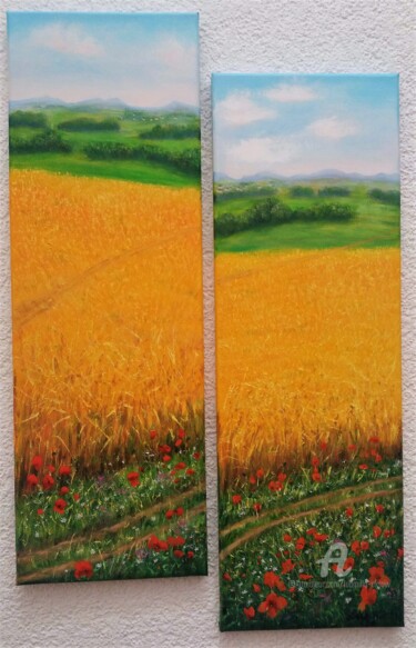Wheat field in summer #5 dyptych Peinture intitulée "Wheat field in summ…" par Ludmilla Ukrow, Œuvre d'art originale, Huile
