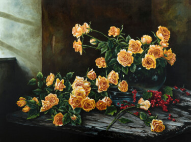Still life with yellow roses and red currants Peinture intitulée "Still life with yel…" par Oleg Baulin, Œuvre d'art originale, Huile