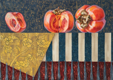 Fuyu persimmon on bronze blue background Ζωγραφική με τίτλο "Fuyu persimmon on b…" από Maria Meltsaeva, Αυθεντικά έργα τέχνης, Λάδι Τοποθετήθηκε στο Ξύλινο φορείο σκ…