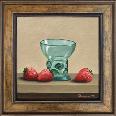 Strawberries with old glass (25x25cm, oil on canvas, framed) Peinture intitulée "Strawberries with o…" par Gevorg Sinanyan, Œuvre d'art originale, Huile Monté sur Châssis en bois