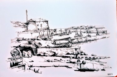 图画 标题为“Le port de Querquev…” 由Veronique Gaudin, 原创艺术品, 墨