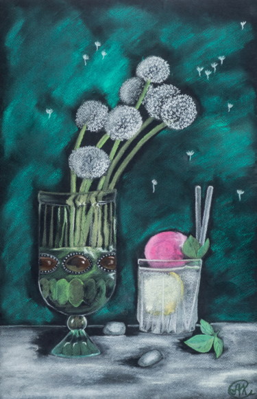 Still life “Dandelion and cocktail” Zeichnungen mit dem Titel "Still life “Dandeli…" von Arina Khlebnikova, Original-Kunstwerk, Pastell