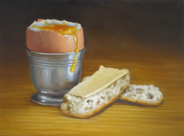 Œuf coque et mouillettes / Soft-boiled egg and bread Peinture intitulée "Œuf coque et mouill…" par Laurent Bussiere (hellbay), Œuvre d'art originale, Huile