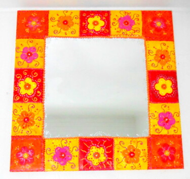 miroir mural mosaïque " fleurs pop " 设计 标题为“miroir mural mosaïq…” 由Odile Maffone Mosaïque Joyeuse, 原创艺术品, 镶嵌 安装在木板上