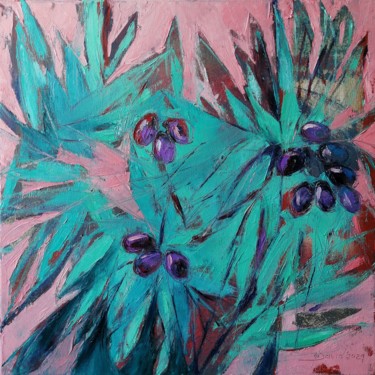 Painting titled "Ripe olives on bran…" by Olga David, Original Artwork, Oil Mounted on Wood Stretcher frame