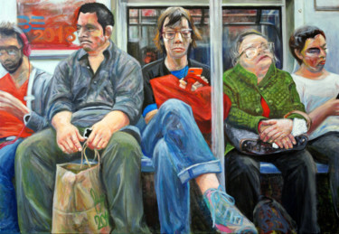 Painting titled "Passangers XII." by Emese Bács, Original Artwork, Oil Mounted on Wood Stretcher frame