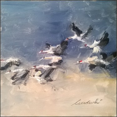 Painting titled "Żurawie" by Kazimierz Mordarski, Original Artwork, Oil