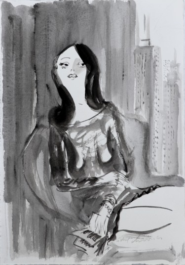 Portrait de femme à New-York Peinture intitulée "Portrait de femme à…" par Michel Charrier, Œuvre d'art originale, Tempera