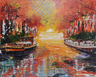 绘画 标题为“Péniches orange et…” 由Jean-Michel Canal, 原创艺术品, 丙烯
