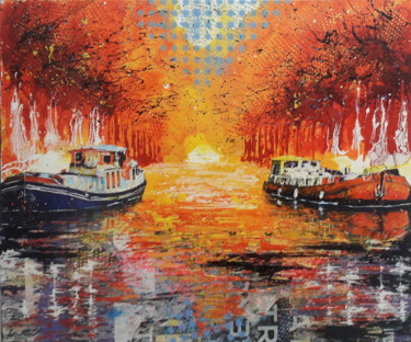 绘画 标题为“Péniches orange et…” 由Jean-Michel Canal, 原创艺术品, 丙烯