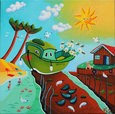 Painting titled "Greeny attend la ma…" by Fouschy, Original Artwork, Oil Mounted on Wood Stretcher frame
