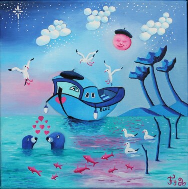 Painting titled "Blue and You loving…" by Fouschy, Original Artwork, Oil Mounted on Wood Stretcher frame