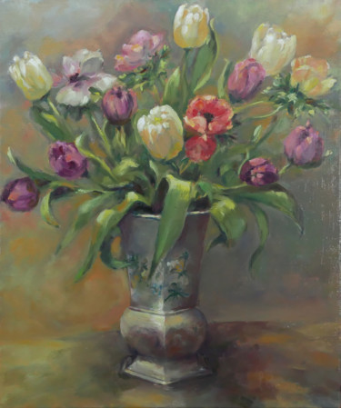 Painting titled "Le Moustier" by Laurence Gasior, Original Artwork, Oil Mounted on Wood Stretcher frame