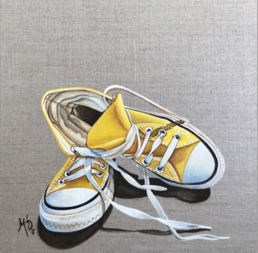 Peinture intitulée "conversation en jau…" par M'Do, Œuvre d'art originale, Acrylique Monté sur Carton