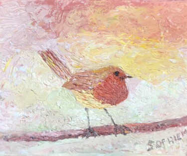 SERIE LES OISEAUX ROUGE GORGE NOTRE OISEAU DES JARDINS N° 1 "SERIE LES OISEAUX R…" başlıklı Tablo Aasophiemart Moulin Du Clairon tarafından, Orijinal sanat, Petrol Ahşap Sedye çerçeves…