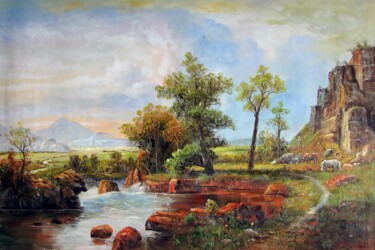 Pintura intitulada "Lakeview 016" por Lermay Chang, Obras de arte originais, Óleo Montado em Armação em madeira