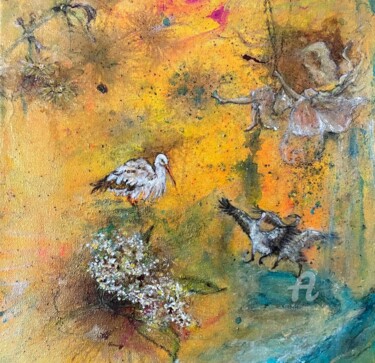 Malerei mit dem Titel "Tanz der Kraniche" von Andreja Soleil, Original-Kunstwerk, Acryl