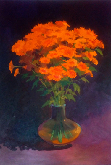 Painting titled "Orange bouquet." by Denis Bely, Original Artwork, Oil