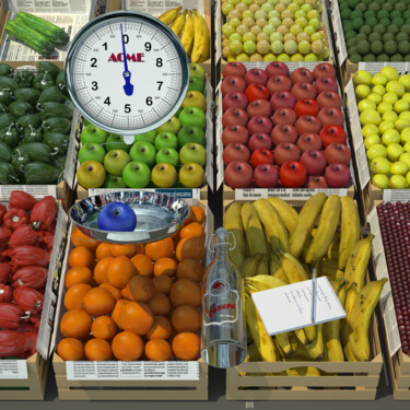 Arte digital titulada "FRUTERIA" por Juan Aguirre, Obra de arte original, Modelado 3D Montado en Panel de madera