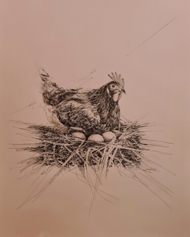 Σχέδιο με τίτλο "Poule 11/3/21" από Karl Robial, Αυθεντικά έργα τέχνης, Μελάνι