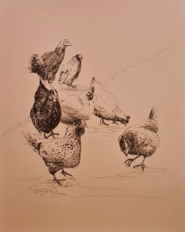 Σχέδιο με τίτλο "Poules 11/3/21" από Karl Robial, Αυθεντικά έργα τέχνης, Μελάνι