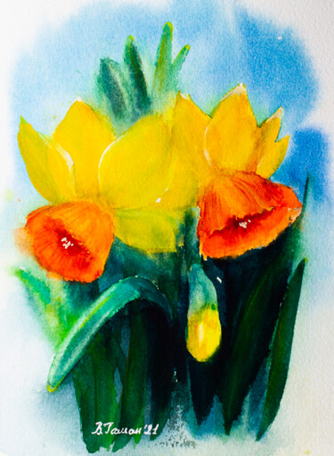yellow daffodils on a blue background Malarstwo zatytułowany „yellow daffodils on…” autorstwa Виктория Гаман, Oryginalna praca, Akwarela