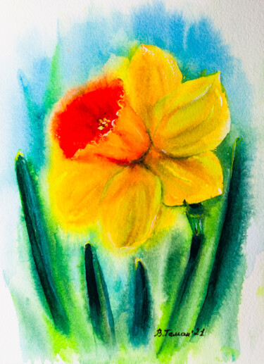 big yellow daffodils on a blue background Malarstwo zatytułowany „big yellow daffodil…” autorstwa Виктория Гаман, Oryginalna praca, Akwarela
