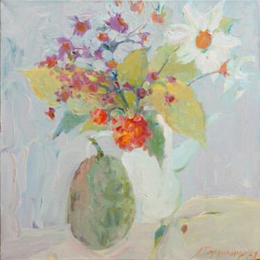 Картина под названием "Pumpkin and flowers…" - Elena Branovitskaya, Подлинное произведение искусства, Масло Установлен на Де…