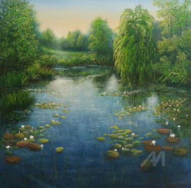 Malerei mit dem Titel "Pond with water lil…" von Ludmilla Ukrow, Original-Kunstwerk, Öl