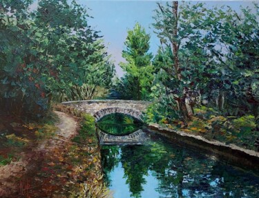 Painting titled "Un pont sur le cana…" by Noelle Huin, Original Artwork, Oil Mounted on Wood Stretcher frame