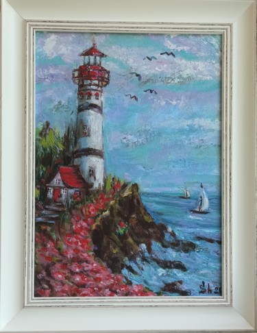 Оil Painting In Nautical Style "Lighthouse" 「Оil Painting In Nau…」というタイトルの絵画 Svetlana Sindereによって, オリジナルのアートワーク, オイル 段ボールにマウント