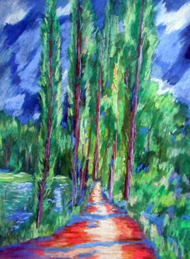 Dessin intitulée "peupliers" par Ludovic Catry, Œuvre d'art originale, Pastel