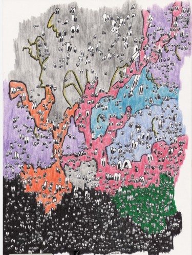 图画 标题为“La foule” 由Dominique Frampier, 原创艺术品, 圆珠笔
